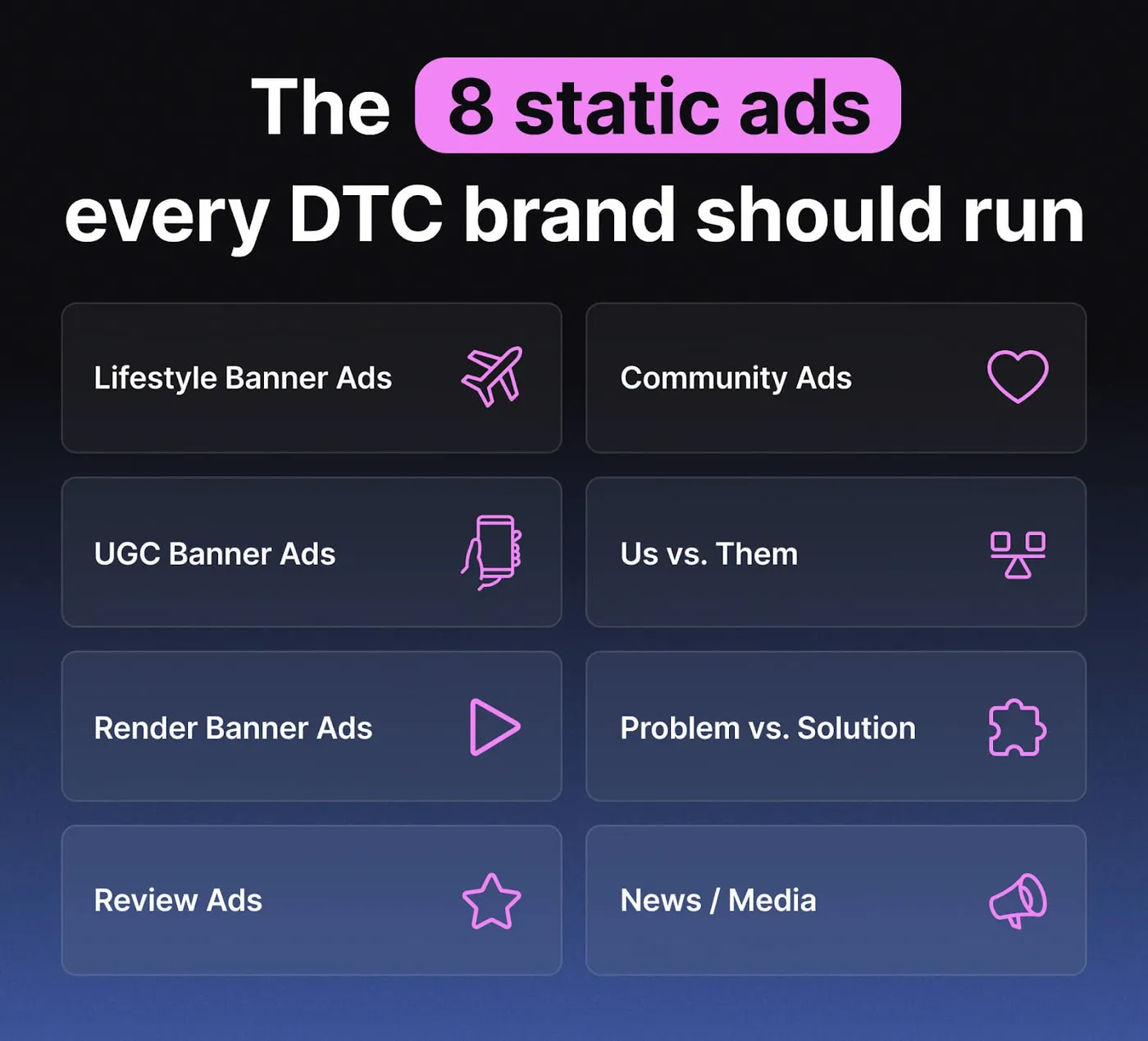 The 8 static ads every DTC brand should runLifestyle Banner Ads UGC Banner Ads Render Banner AdsReview AdsCommunity AdsUs vs. Them Problem vs. Solution News / Media 